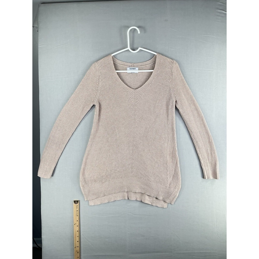 Old Navy Women's Small Beige V Neck Knit Sweater Lightweight Ribbed Pullover
